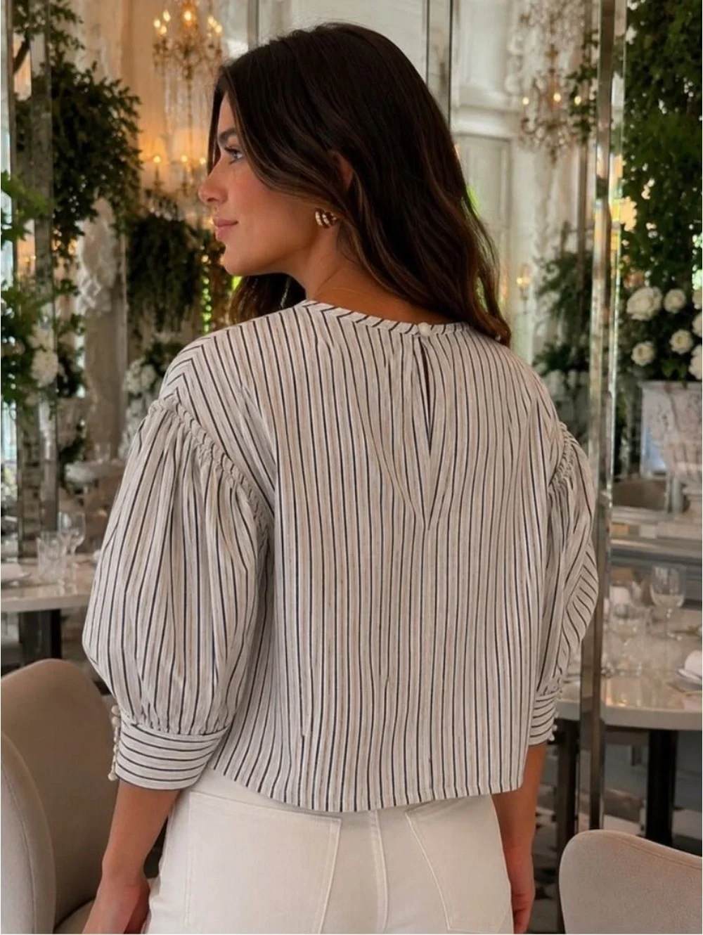 Tuckernuck Blue Linen Stripe Puff Sleeve Edie Top
